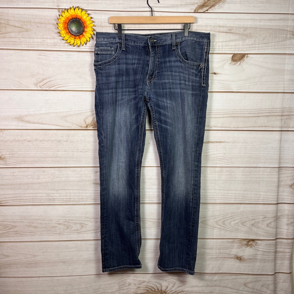BKE Mens Straight Leg Jeans Dark Wash Contrast Stitch Denim Pants‎ Derek 36x29